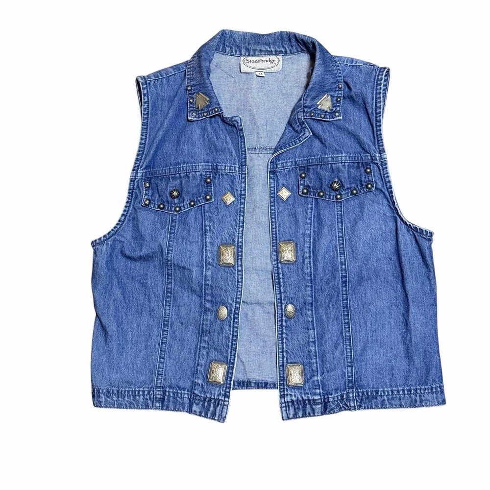 Stonebridge Vintage Denim Vest Western Studded Concho Arrow‎ Collar Women's M